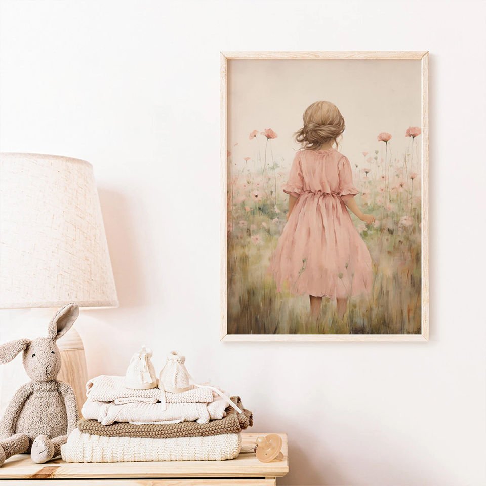 Pembe Çiçekli Kız Dekor Tablo 21x30 cm (A4 Ebadı) - Askısız Tablo