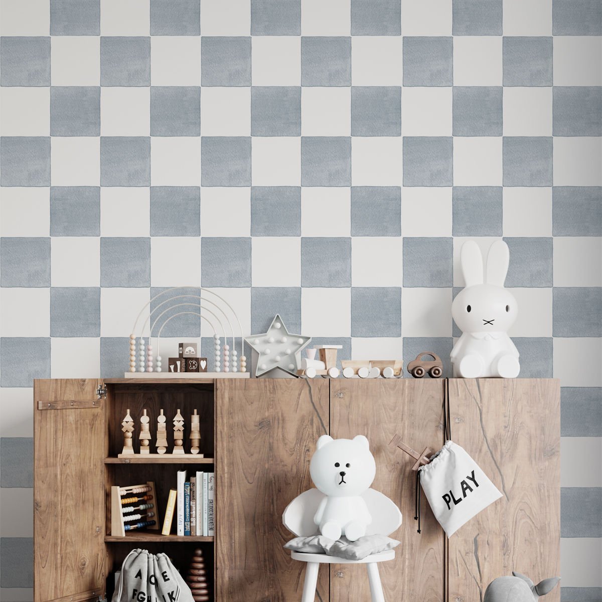 Gri Mavi Damalı Desen Duvar Kağıdı