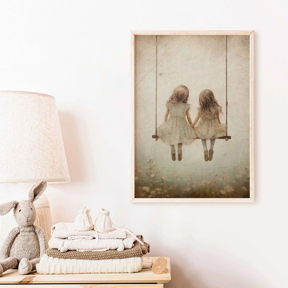 Salıncakta Kız Kardeşler Dekor Tablo 30x42 cm (A3 Ebadı) - Askısız Tablo