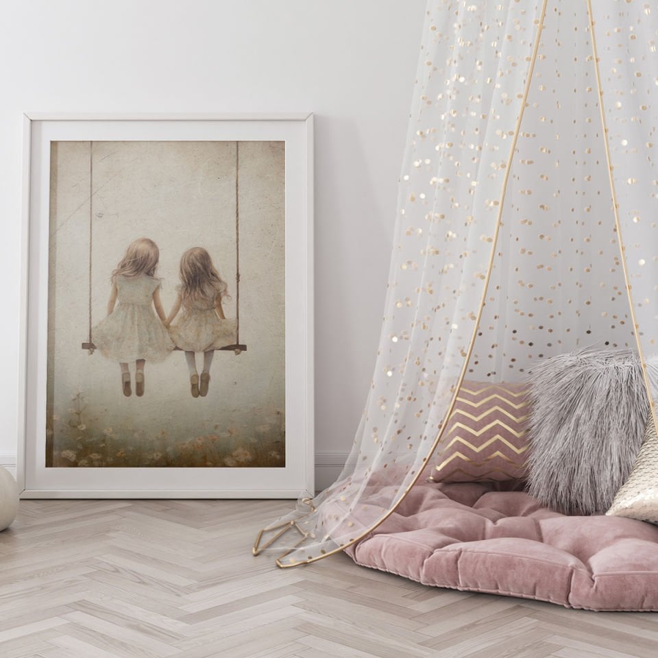 Salıncakta Kız Kardeşler Dekor Tablo