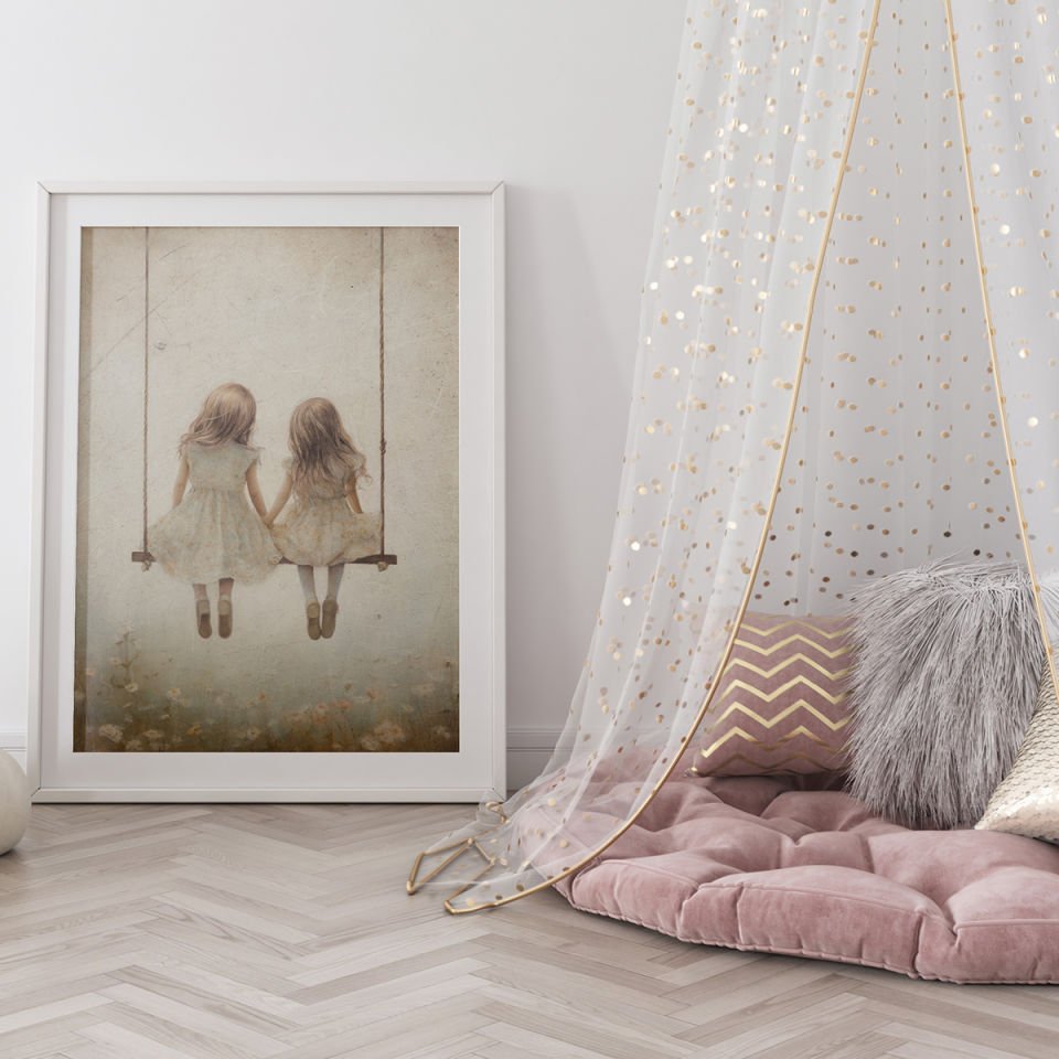 Salıncakta Kız Kardeşler Dekor Tablo 30x42 cm (A3 Ebadı) - Askılı Tablo