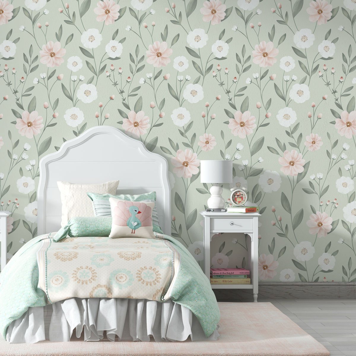 Su Yeşili Fonlu Bahar Çiçekleri Duvar Kağıdı