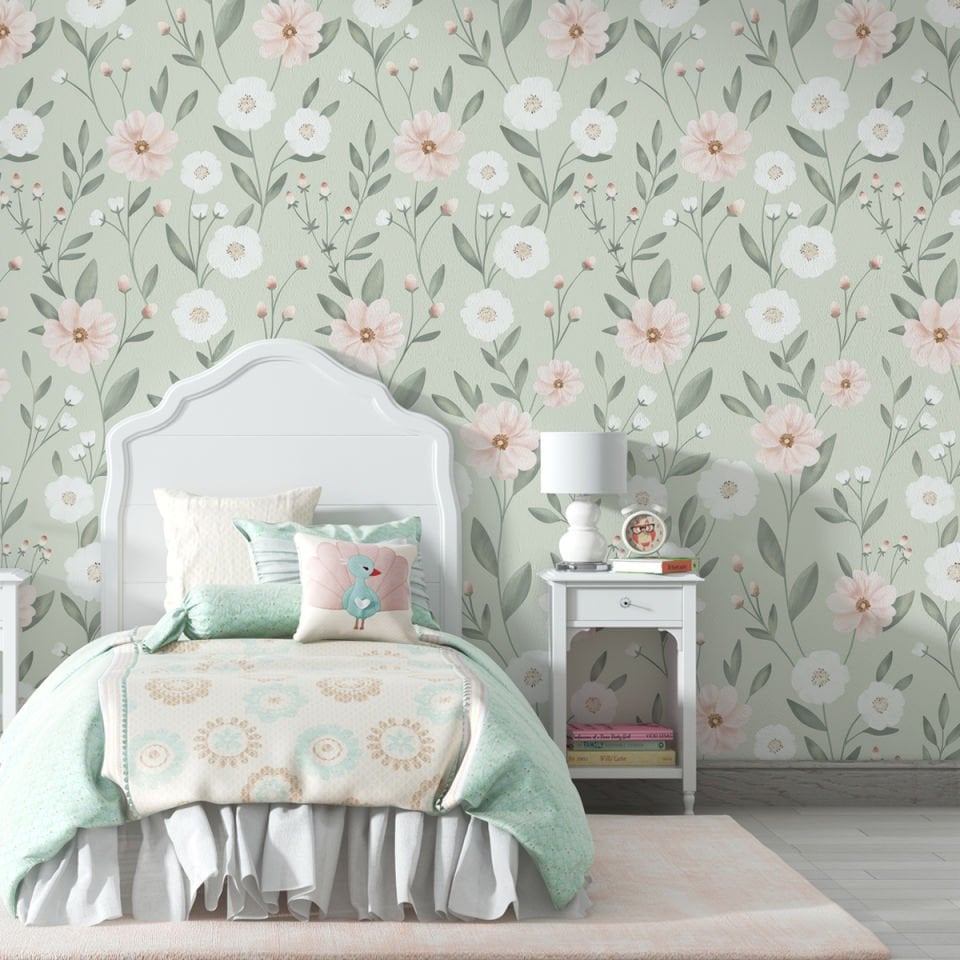 Su Yeşili Fonlu Bahar Çiçekleri Duvar Kağıdı