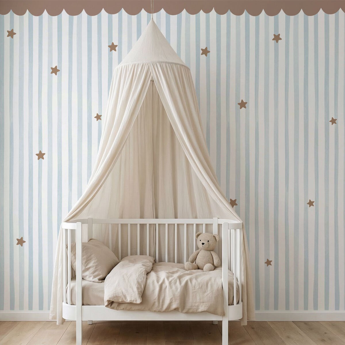Fırfırlı ve Yıldızlı Çizgiler Bej Duvar Kağıdı