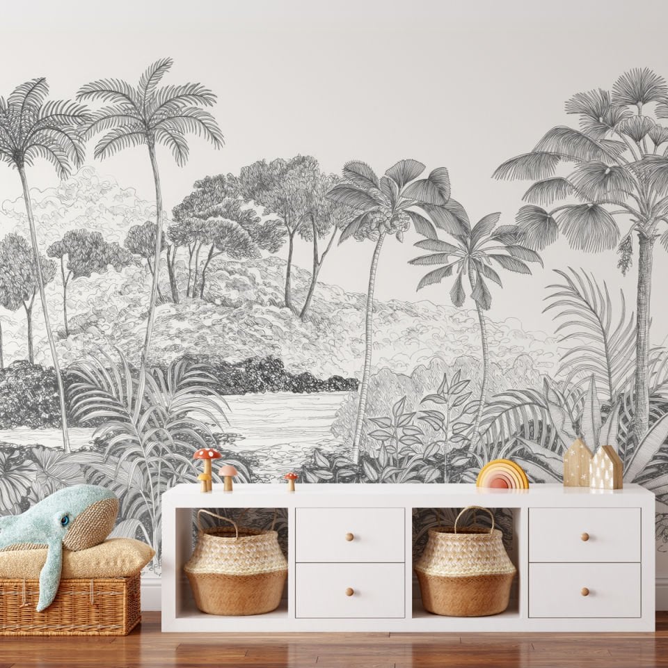 El Çizim Tropikal Ağaçlar Duvar Kağıdı