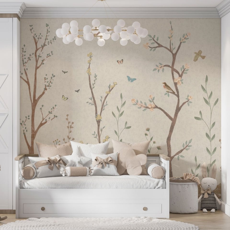 Bej Fonlu Ağaçlar Duvar Kağıdı