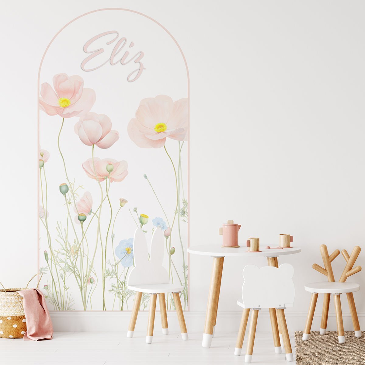 Soft Pembe Sulu Boya Çiçekler Arch Sticker (İsme Özel)