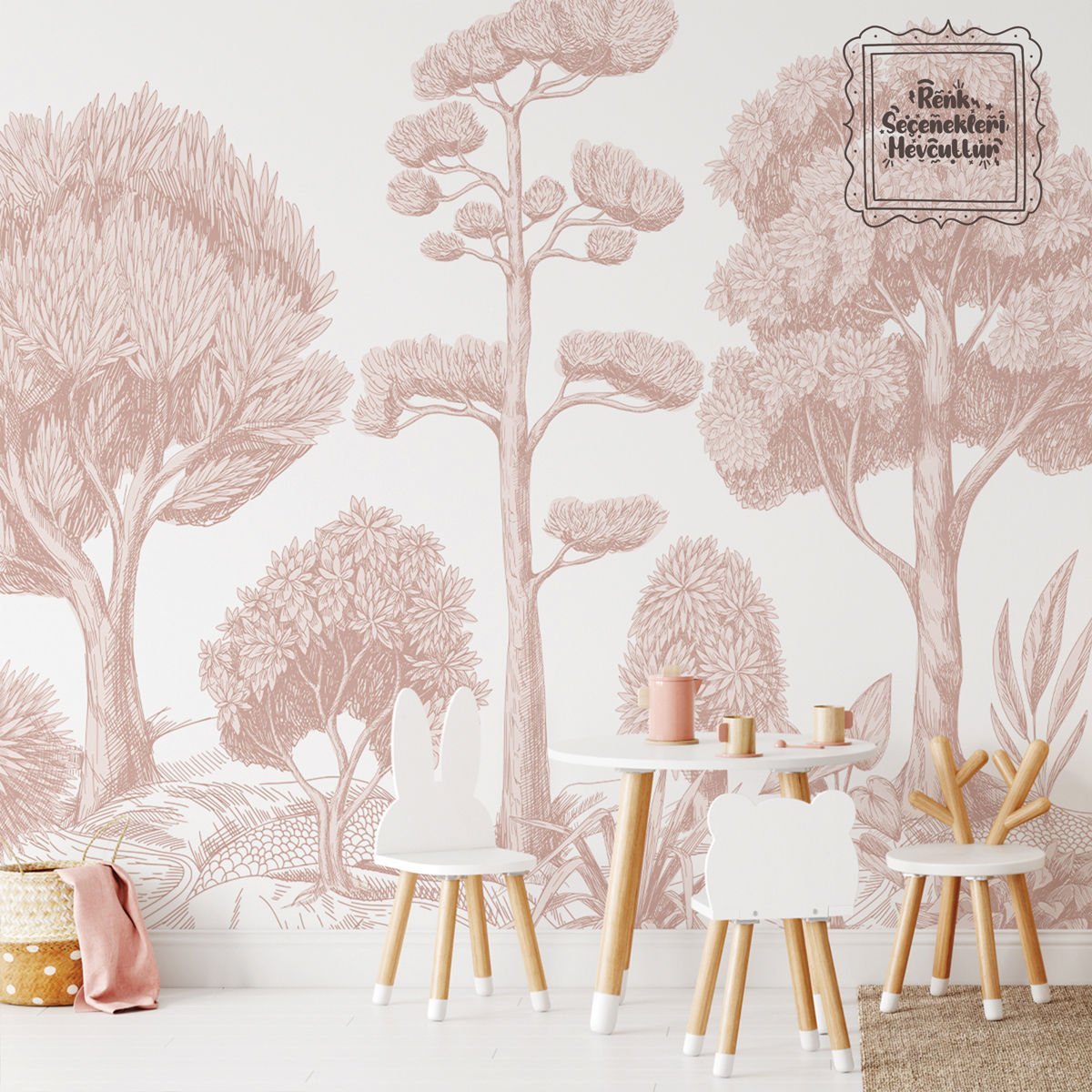 Pembe El Çizim Ağaçlar Duvar Kağıdı