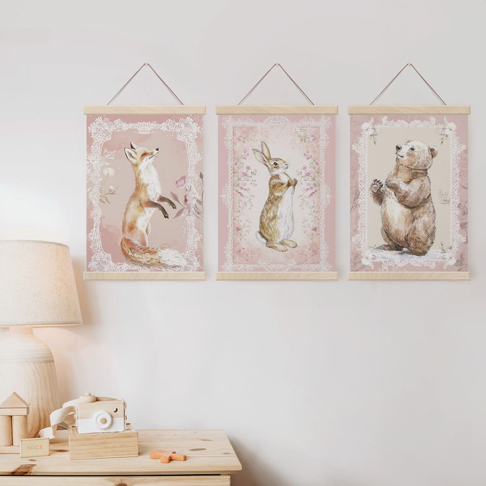 Pembe Süslü Hayvanlar Set Dekor Tablo