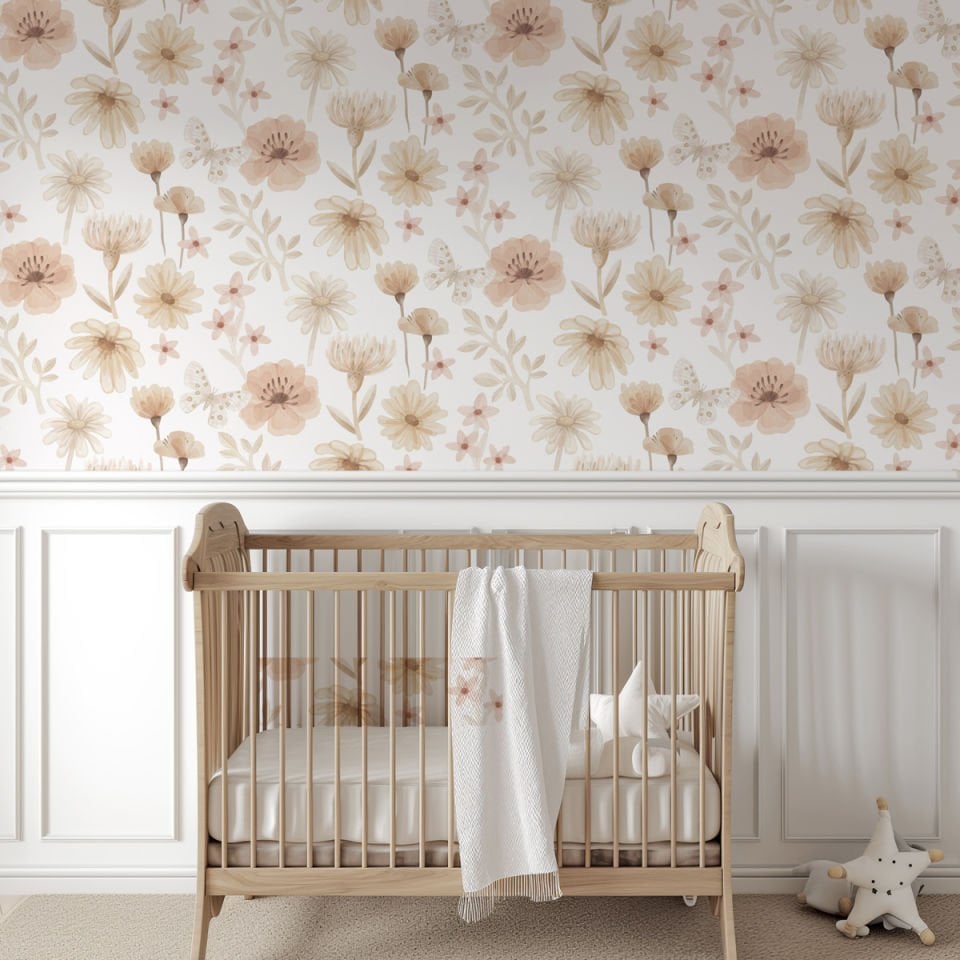 Bej Kahve Pembe Çiçekler Duvar Kağıdı